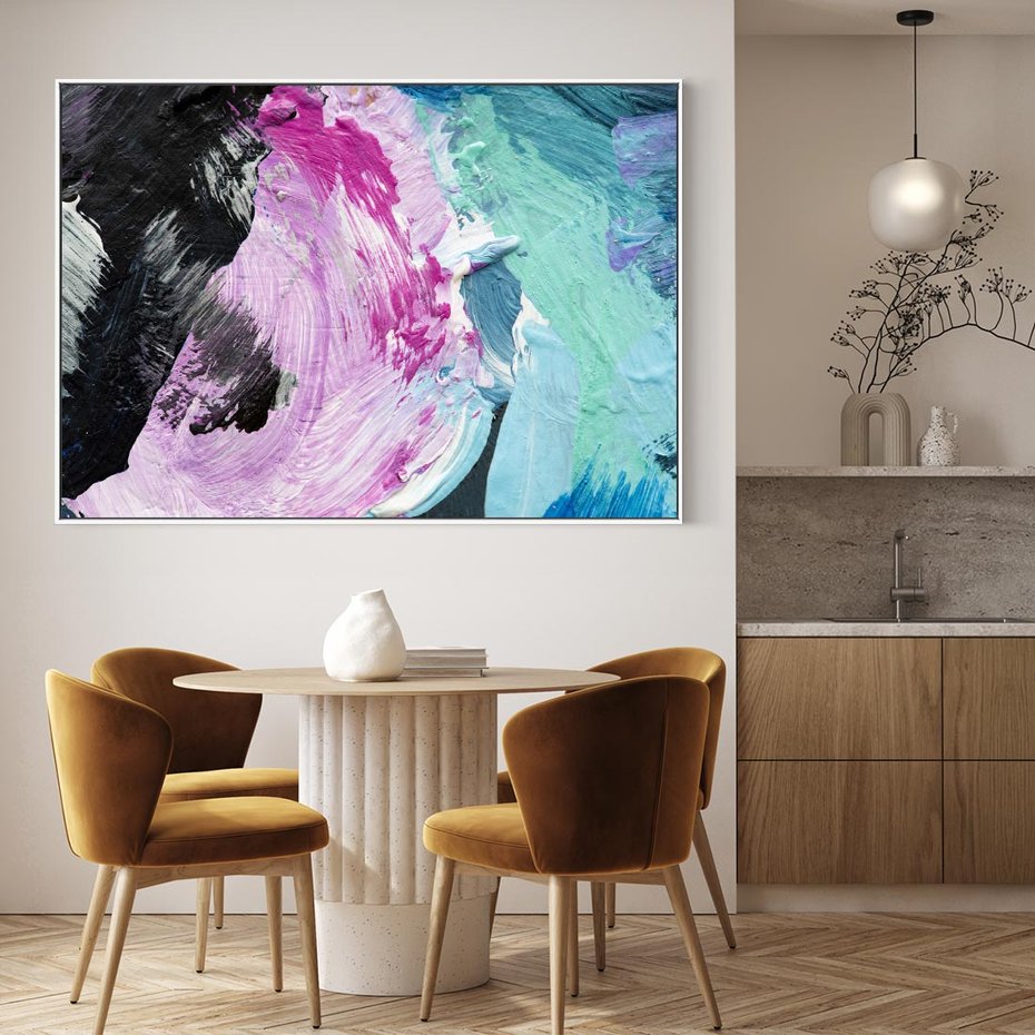 Obraz w ramie 70x50 - Kolorowy rój wyobraźni - rozlane kolorowe farby olejne, abstrakcja - rama biała