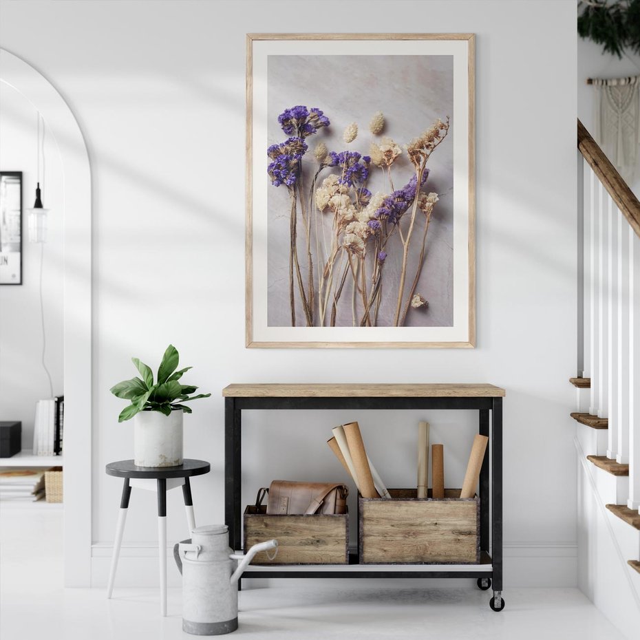 Plakat w ramie 40x50 - Błękitno-Biała Harmonia - suszone kwiaty, błekitne - rama drewno