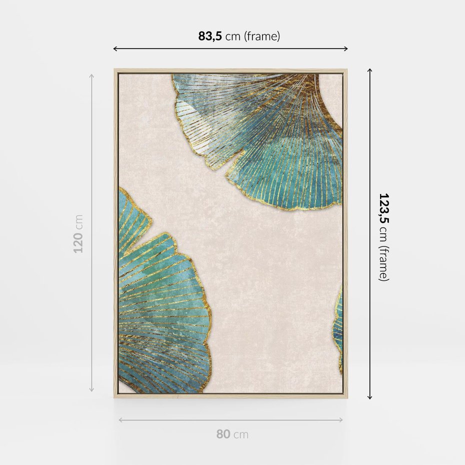 Obraz w ramie 80x120 - Złota Melodia Liści - złote, turkusowe liście miłorzębu - rama drewno