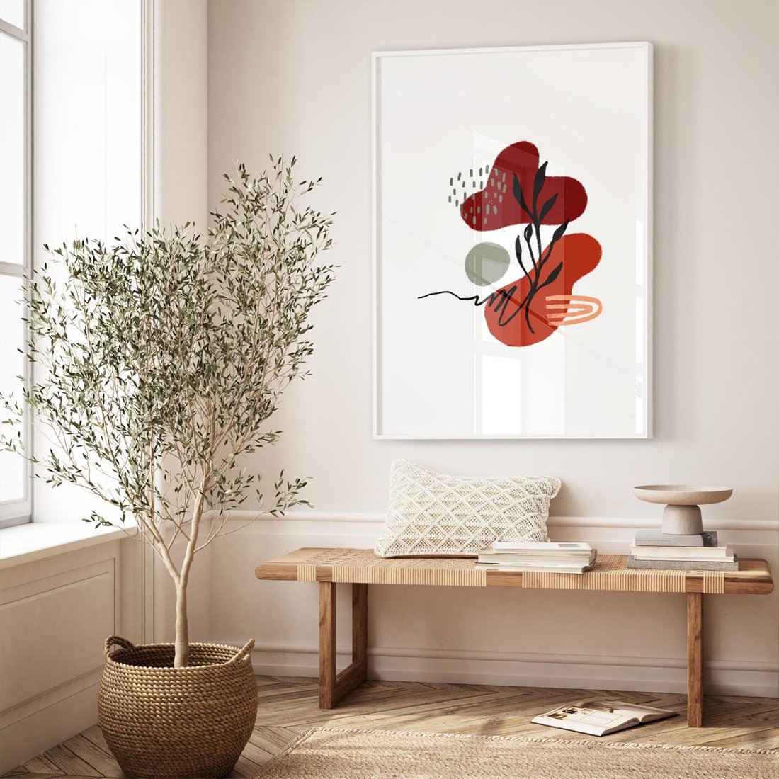 Plakat w ramie 50x70 - Migocące Kształty Liści - bstrakcyjna sztuka, boho kształty - rama biała