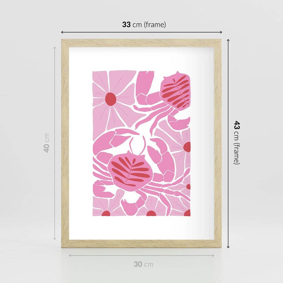 Plakat w ramie 30x40 - Roztańczone Kraby - różowe kwiaty i kraby, abstrakcyjna kompozycja - rama drewno