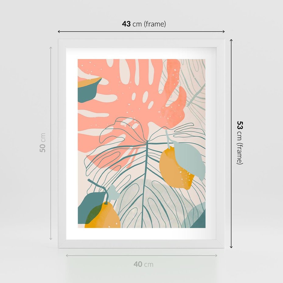 Plakat w ramie 40x50 - Sztuka Natury: Liście Monstery w Pastelach - nowoczesna grafika, pastelowe liście monstery - rama biała