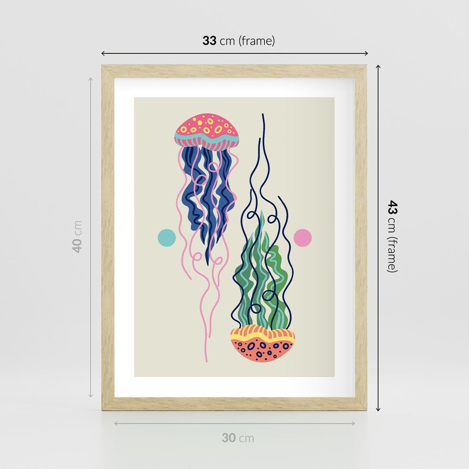 Plakat w ramie 30x40 - Morskie Pulsacje - nowoczesny optymistyczny plakat, kolorowe meduzy - rama drewno