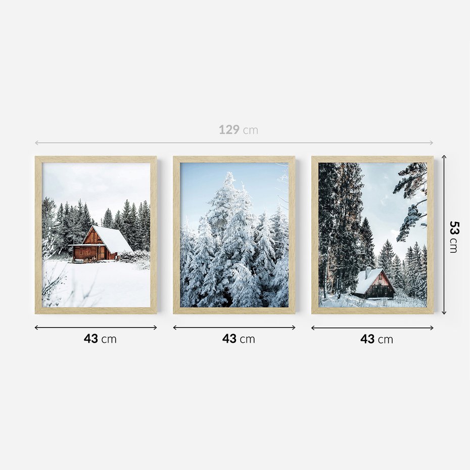 Zestaw obrazy w ramie 40x50 galeria - Las, zima, domki, śnieg - rama drewno