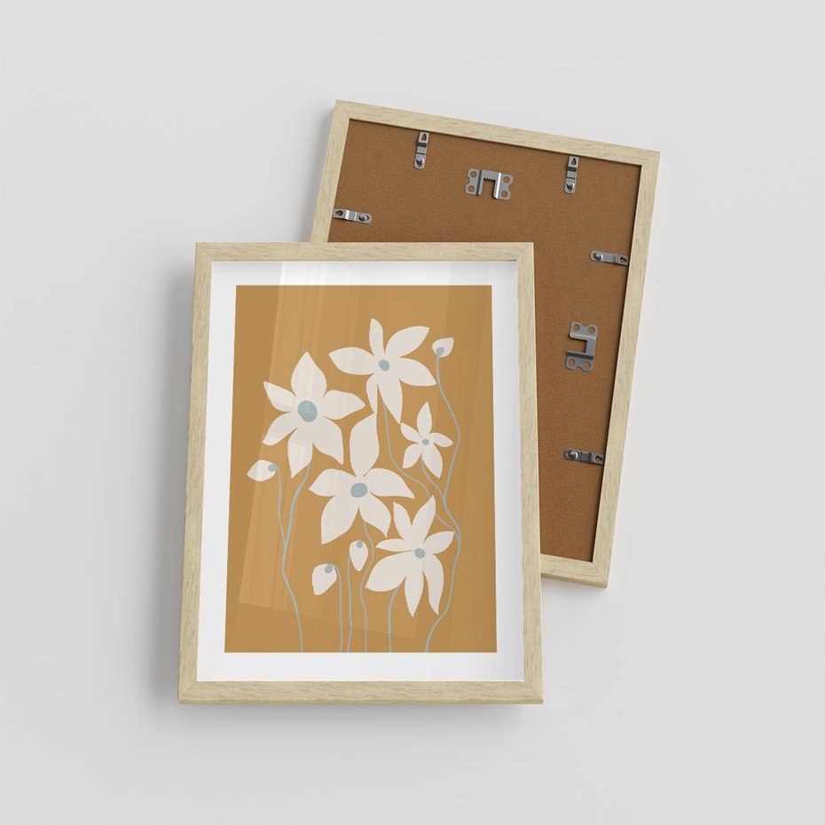 Plakat w ramie 30x40 - Kwiatowy Spektakl - minimalistyczne kwiaty, na pomarańczowym tle - rama drewno