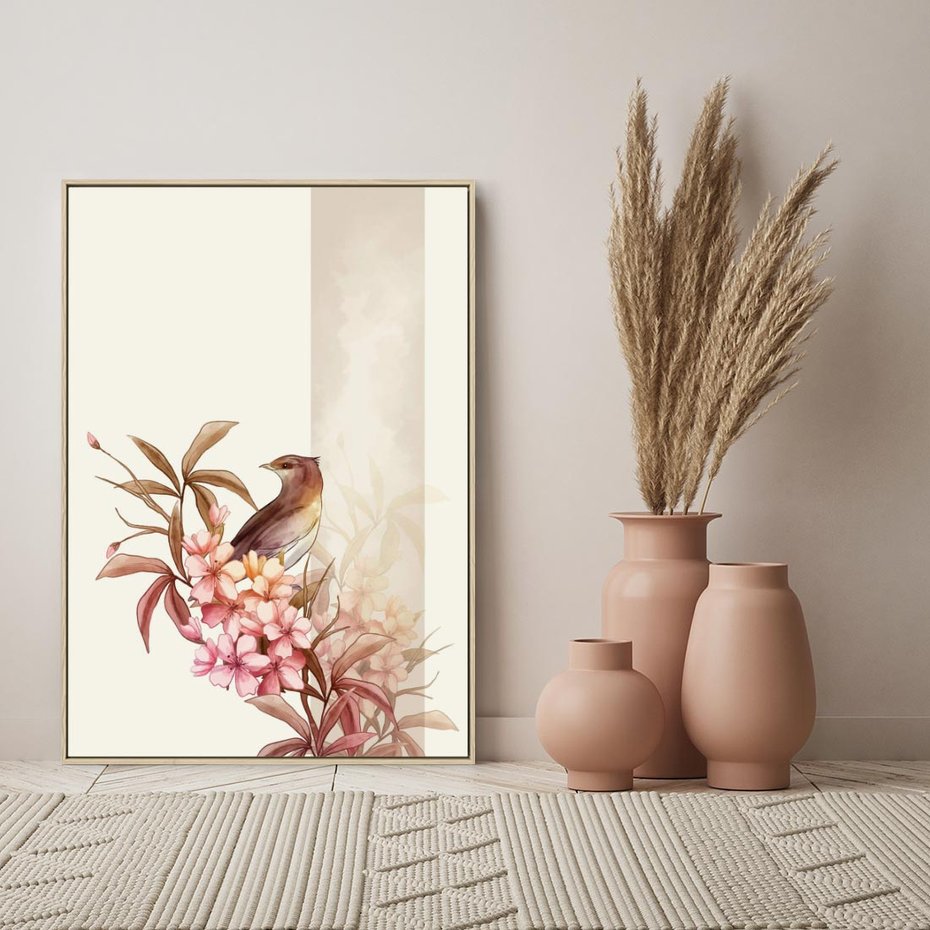 Obraz w ramie 50x70 - Kwiatowe Zanurzenie - japońska sztuka, ptak - rama drewno