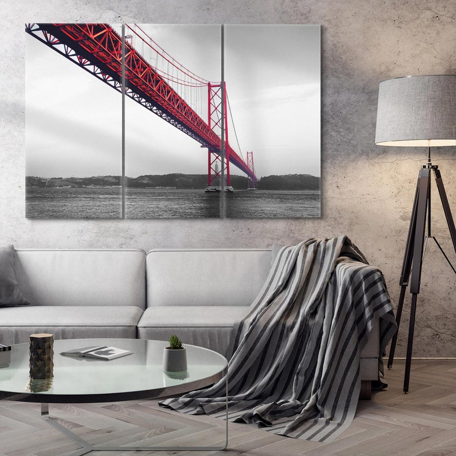 Obraz na płótnie 120x80 - Majestatyczny Most - czarno biała fotografia, czerwony stalowy most nad rzeką