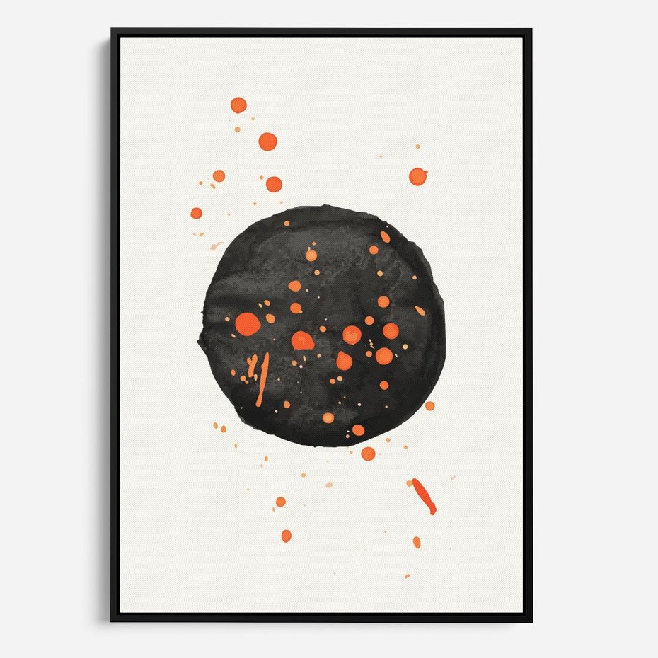 Obraz w ramie 70x100 - Impulsy Kreatywności - abstrakcyjna czarna plama, rozsiane pomarańczowe kropki - rama czarna