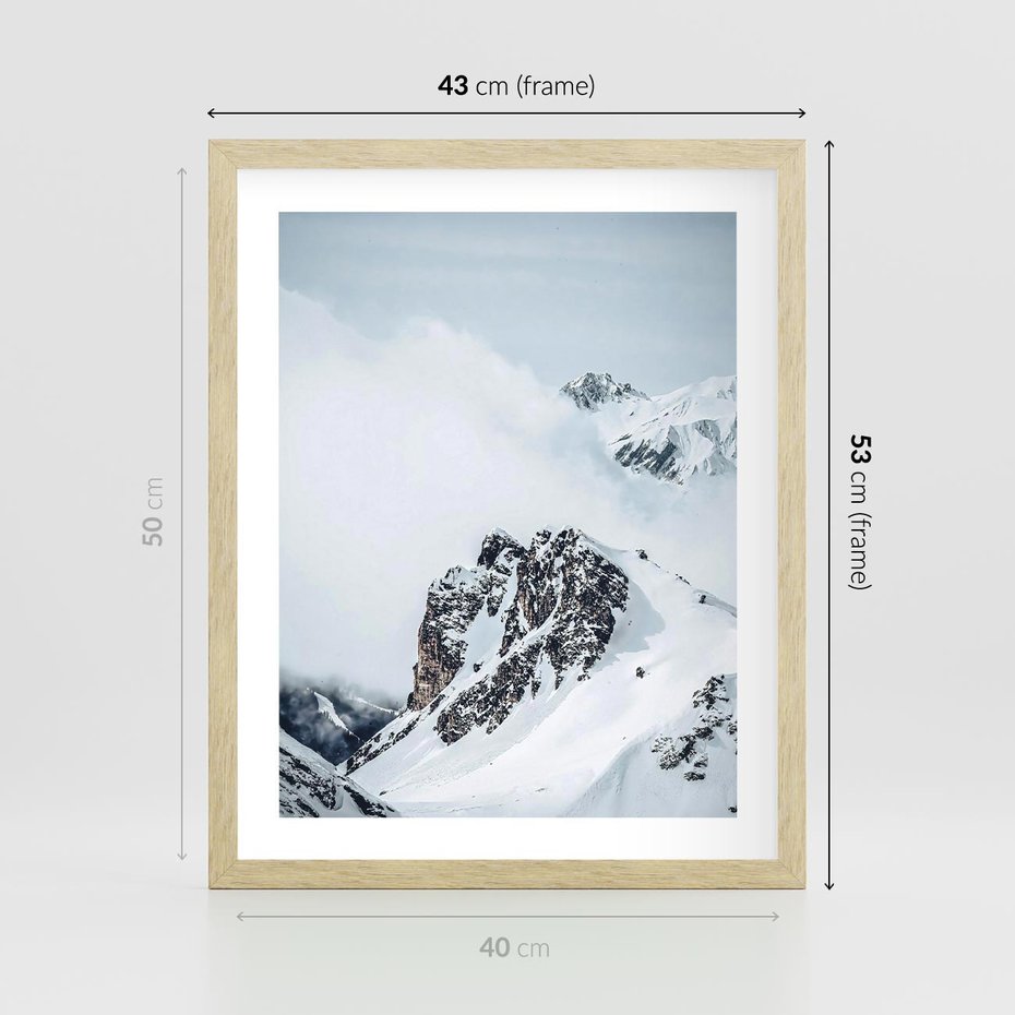Plakat w ramie 40x50 - Górski Majestat - górskie szczyty pod śniegiem, górski krajobraz - rama drewno