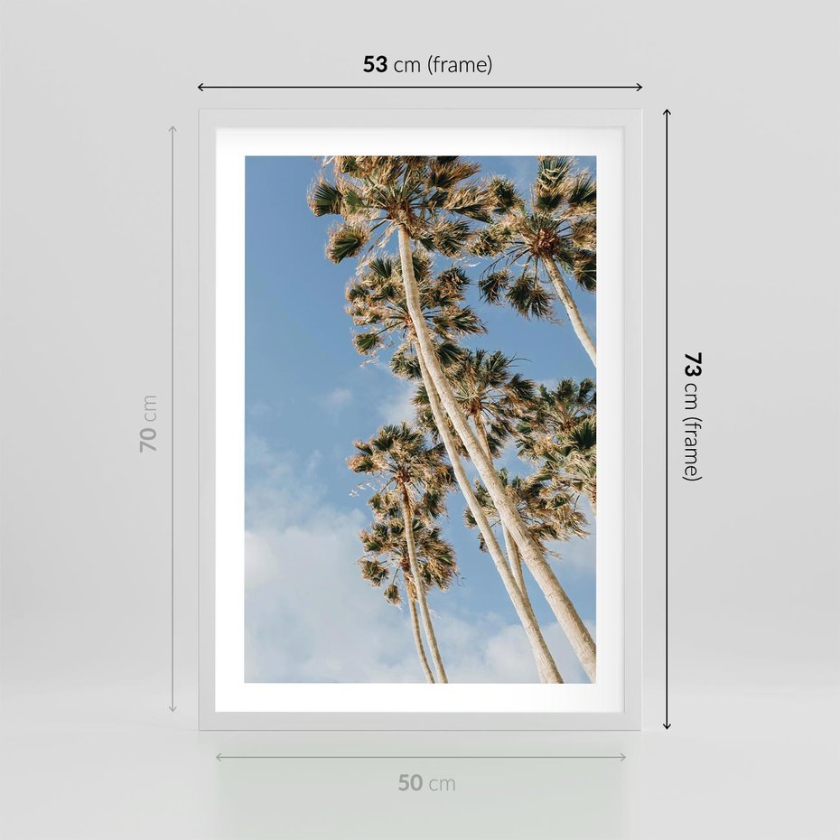 Plakat w ramie 50x70 - Pod Niebem Palmy - palmy na niebieskim niebie - rama biała