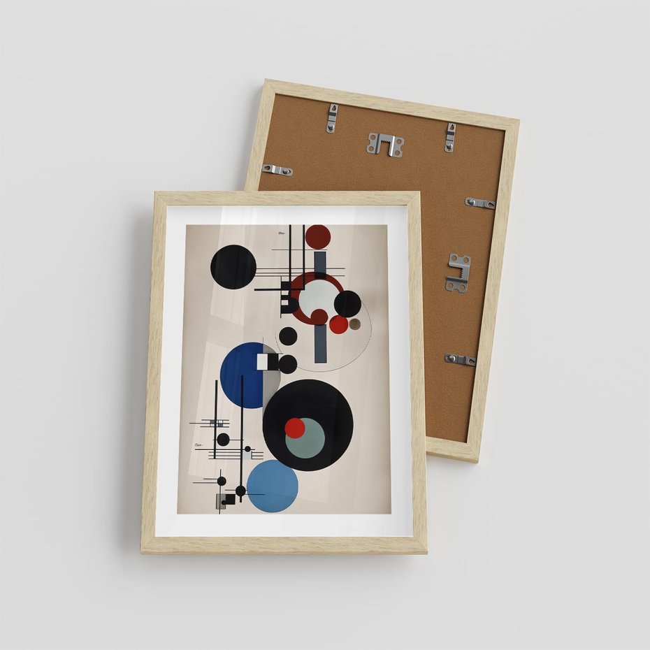 Plakat w ramie 30x40 - Rozkwitające Wibracje Wyobraźni - abstrakcyjna geometryczna kompozycja, koła linie - rama drewno