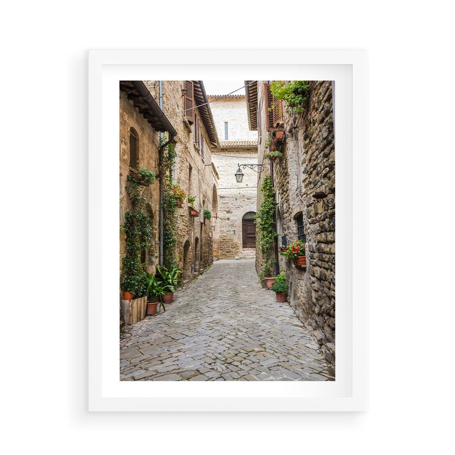 Plakat w ramie 50x70 - Urok Uliczki we Włoszech - uliczka, Włochy - rama biała