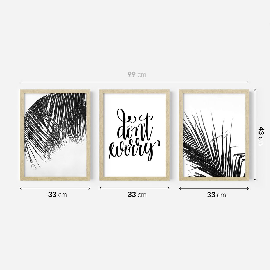 Zestaw obrazy w ramie 30x40 galeria - Palmy, liście, cytat, napis - rama drewno
