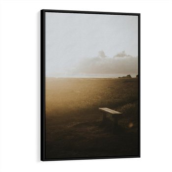 Obraz w ramie 50x70 - Mglisty zachód słońca na ławeczce - mgła, zachód - rama czarna