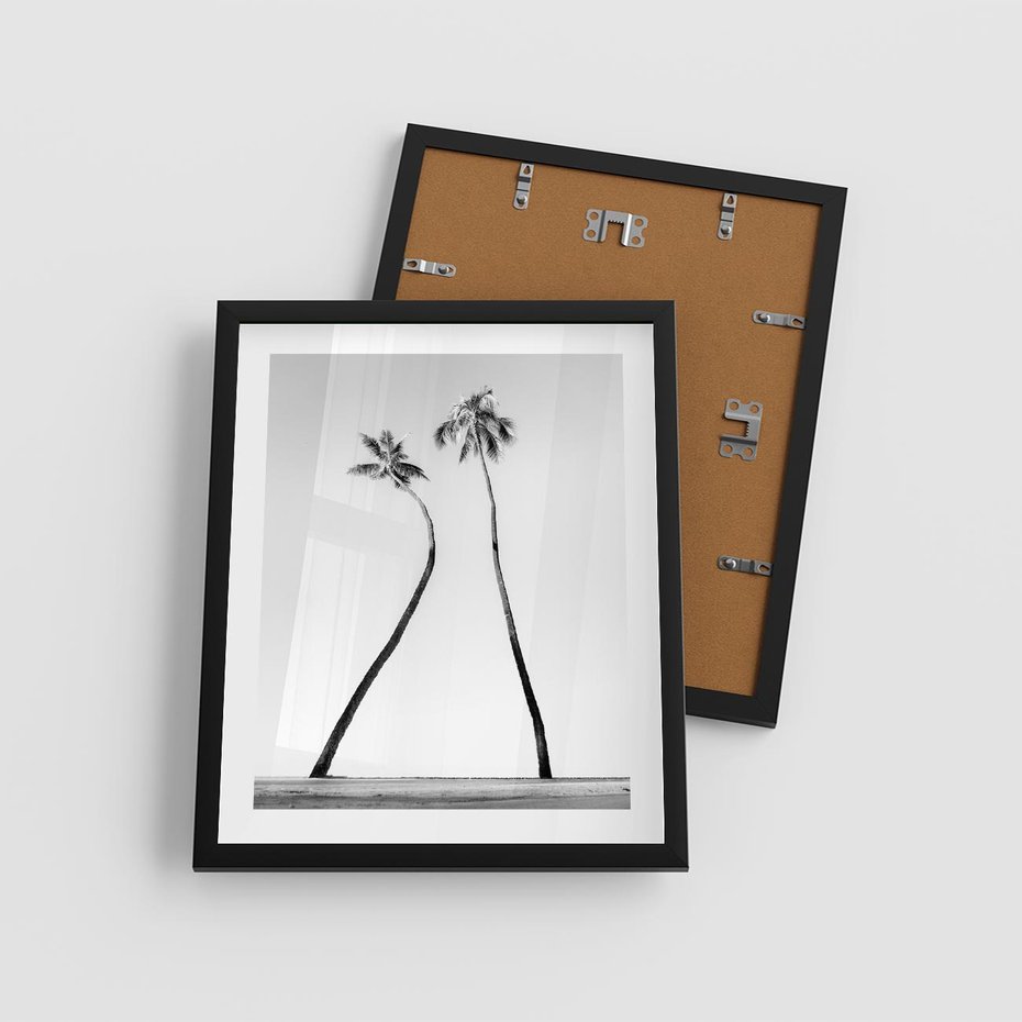 Plakat w ramie 40x50 - Samotne Palmy - czarno biała fotografia, dwie samotne palmy - rama czarna