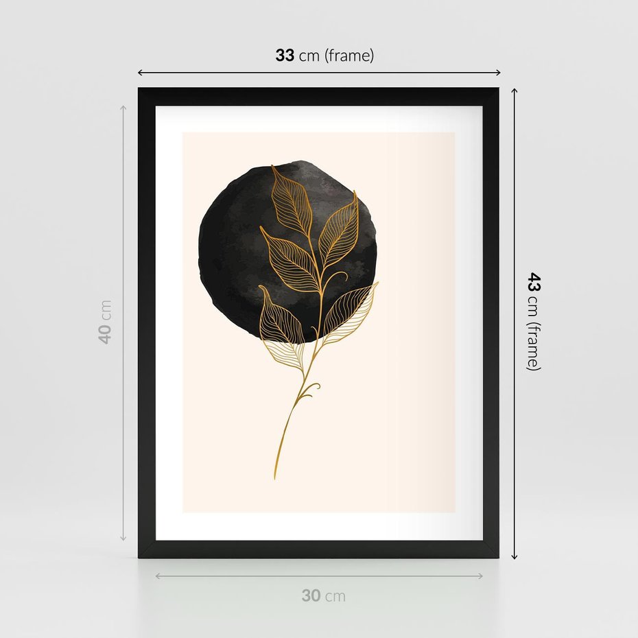Plakat w ramie 30x40 - Złoty Liść na Czarnej Plamie - grafika, złoty liść - rama czarna