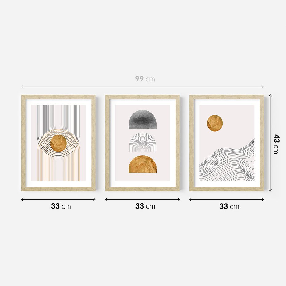 Zestaw obrazy w ramie 30x40 galeria - Minimalizm, japońskie, kształty, złoto - rama drewno