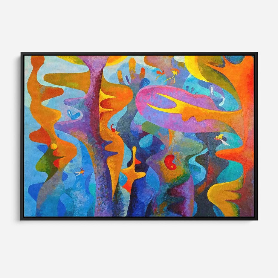 Obraz w ramie 100x70 - Płomienne Tańce Abstrakcji - energetyczna abstrakcja, dziwne formy - rama czarna