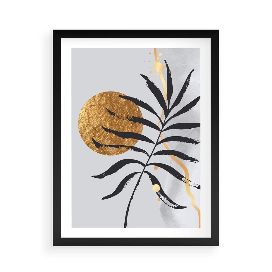 Plakat w ramie 50x70 - Grafika z Czarnym Liściem Palmy - czarny liść palmy, złóte kołó - rama czarna
