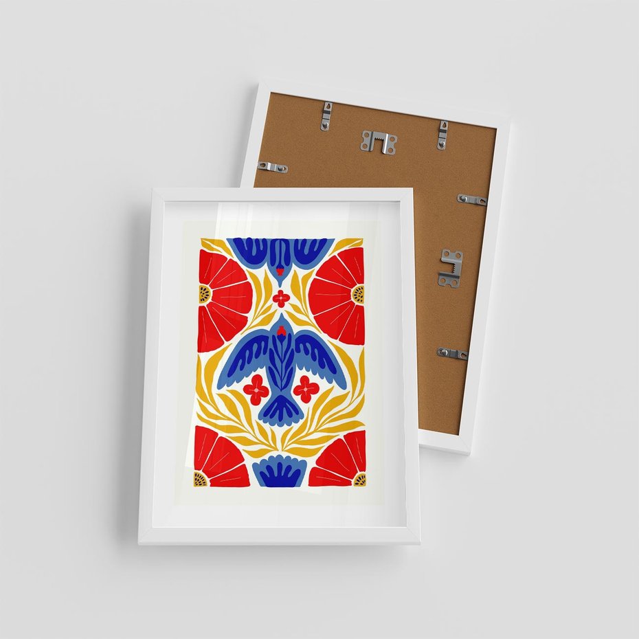 Plakat w ramie 30x40 - Eklektyczny Majestat - wyrazista grafika, mocne kolory czerwień niebieski żółty - rama biała