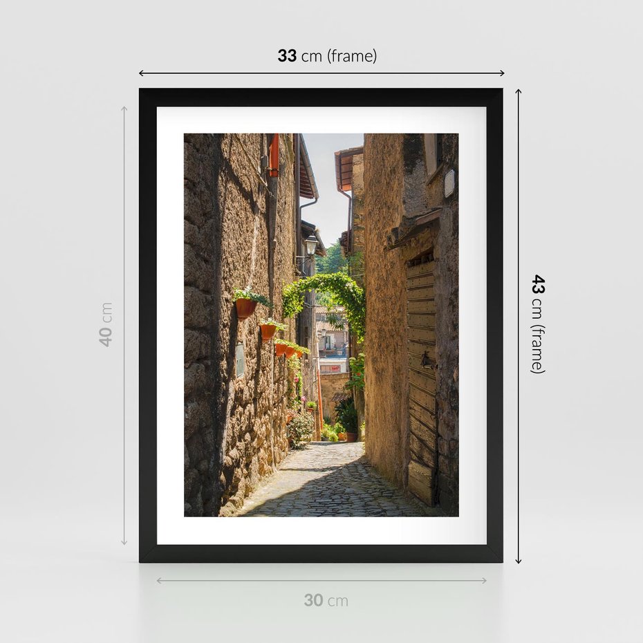Plakat w ramie 30x40 - Włoska uliczka w perspektywie - Włochy, uliczka - rama czarna