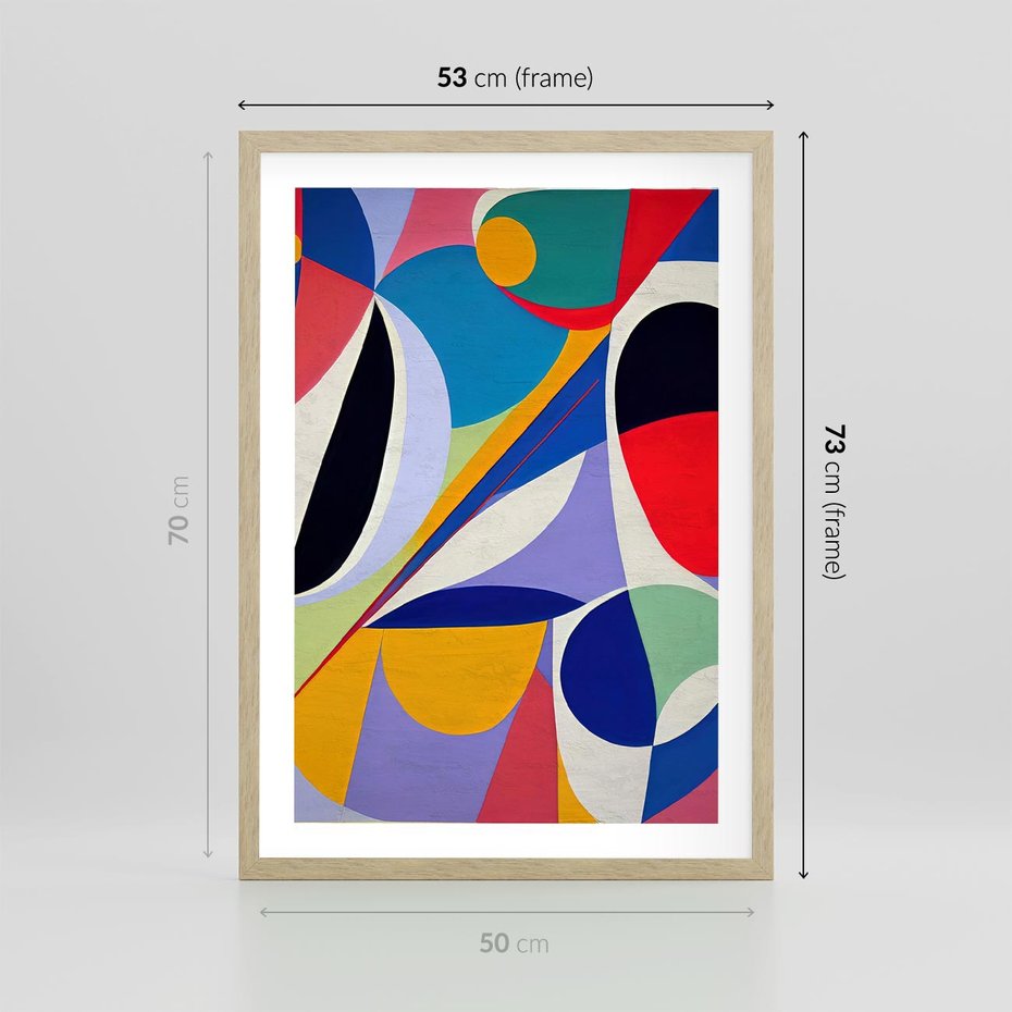 Plakat w ramie 50x70 - Kolorowe Przesunięcia Kształtów - abstrakcyjny obraz olejny, żywe kolory - rama drewno