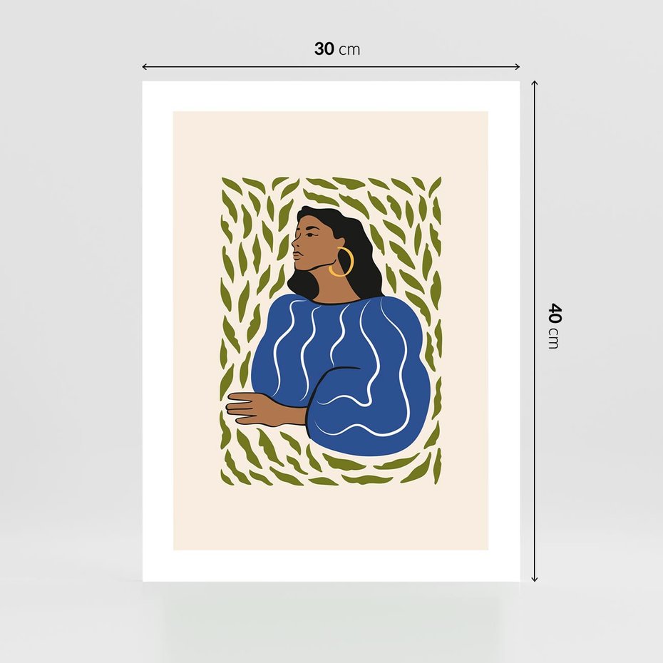 Plakat bez ramy 30x40 - Rozbite Barwy - nowoczesny plakat, kobieta otoczona liśćmi