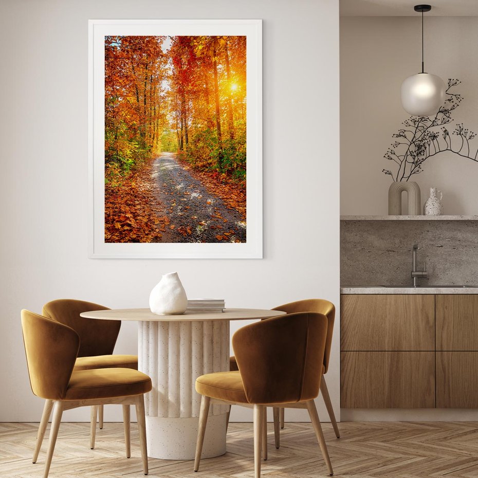 Plakat w ramie 50x70 - Kolorowe drzewa na ścieżce jesieni - las, jesień - rama biała