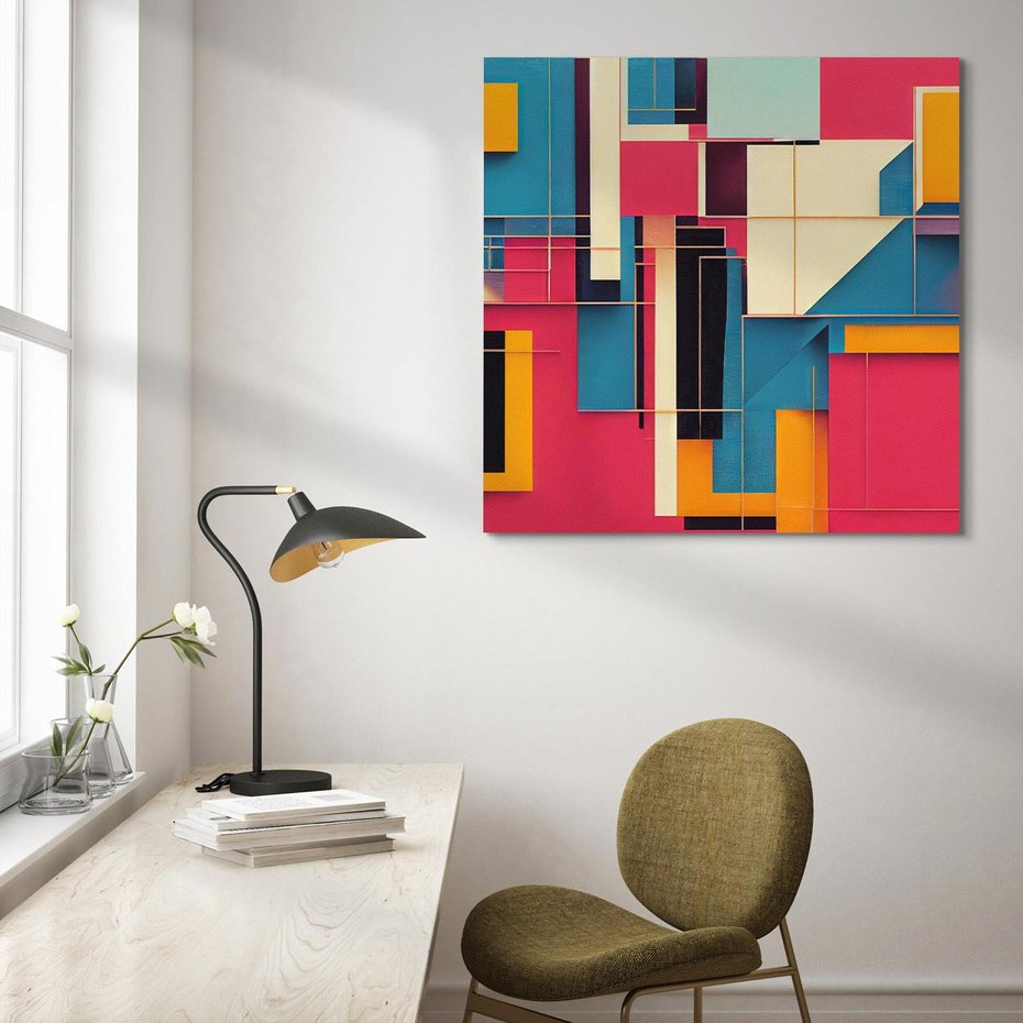 Obraz na płótnie 40x40 - Przejście przez labirynt myśli - kolorowa abstrakcja, instalacja z prostokątów i linni