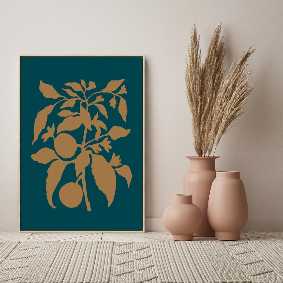 Obraz w ramie 50x70 - Boho Ekspresja Emocji - abstrakcyjna boho grafika, ciemne zielone tłó - rama drewno