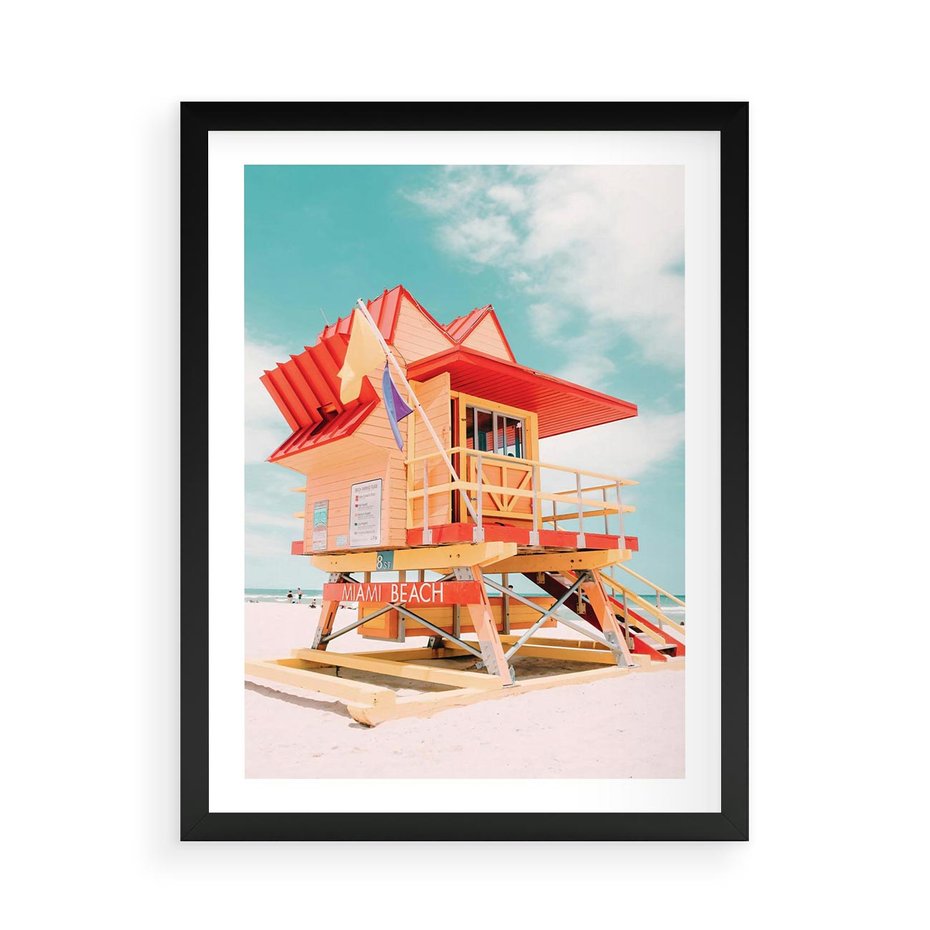 Plakat w ramie 50x70 - Rajski Widok - plaża miami, domek ratownika - rama czarna