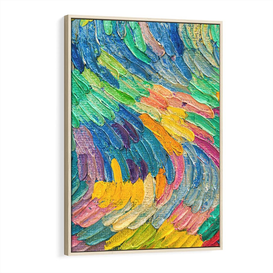 Obraz w ramie 80x120 - Egzotyczne Pióra - abstrakcyjne dzieło, farby olejne - rama drewno