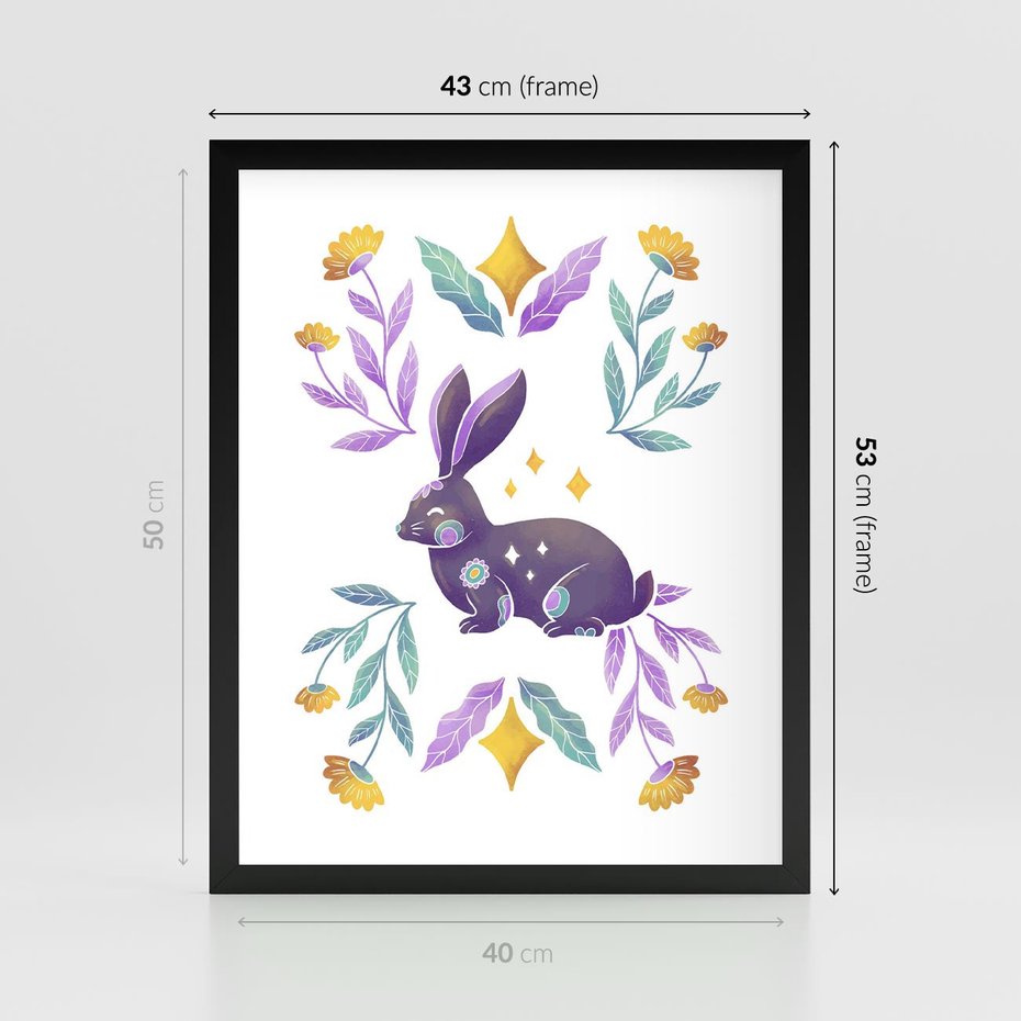 Plakat w ramie 40x50 - Boho Wiatr - boho plakat, królik - rama czarna