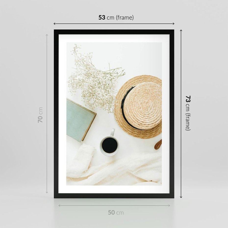 Plakat w ramie 50x70 - Boho Urok - kompozycja boho, slomkowy kapelusz - rama czarna