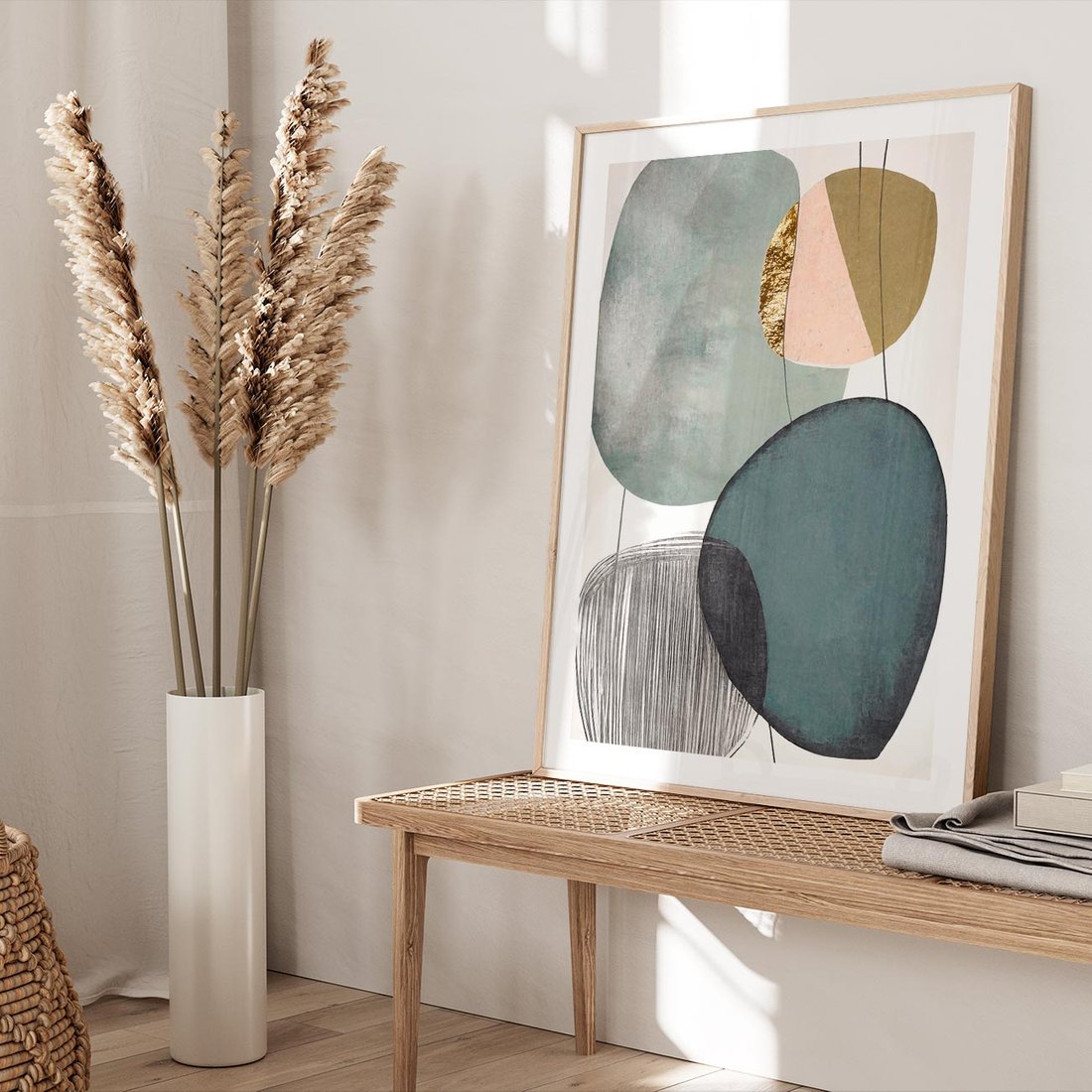 Plakat w ramie 50x70 - Przenikające Formy Duszy - abstrakcyjny obraz, geometryczne obłe formy - rama drewno