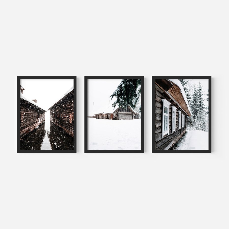 Zestaw obrazy w ramie 30x40 galeria - Domki, w, górach, zima, perspektywa - rama czarna