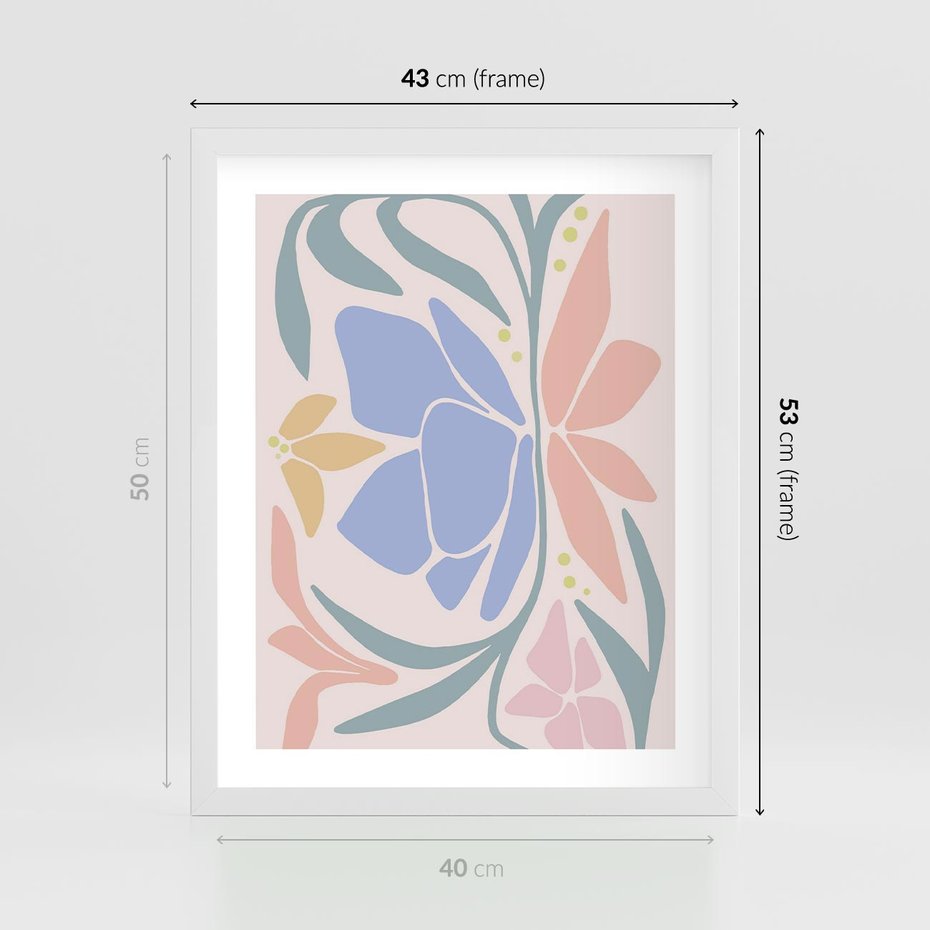 Plakat w ramie 40x50 - Pastele Kwiatowych Plam - pastelowe kwiaty, na beżowym tle - rama biała