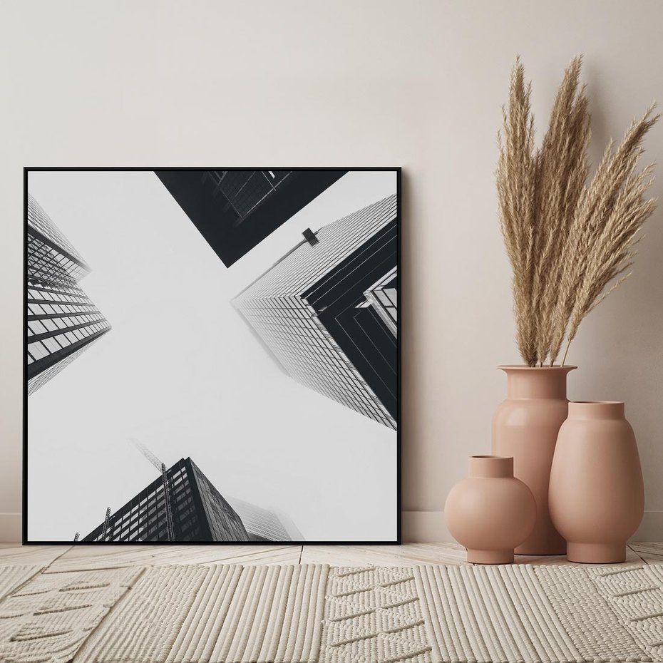 Obraz w ramie 50x50 - Nowoczesna Dynamika - perspektywa, wieżowce - rama czarna