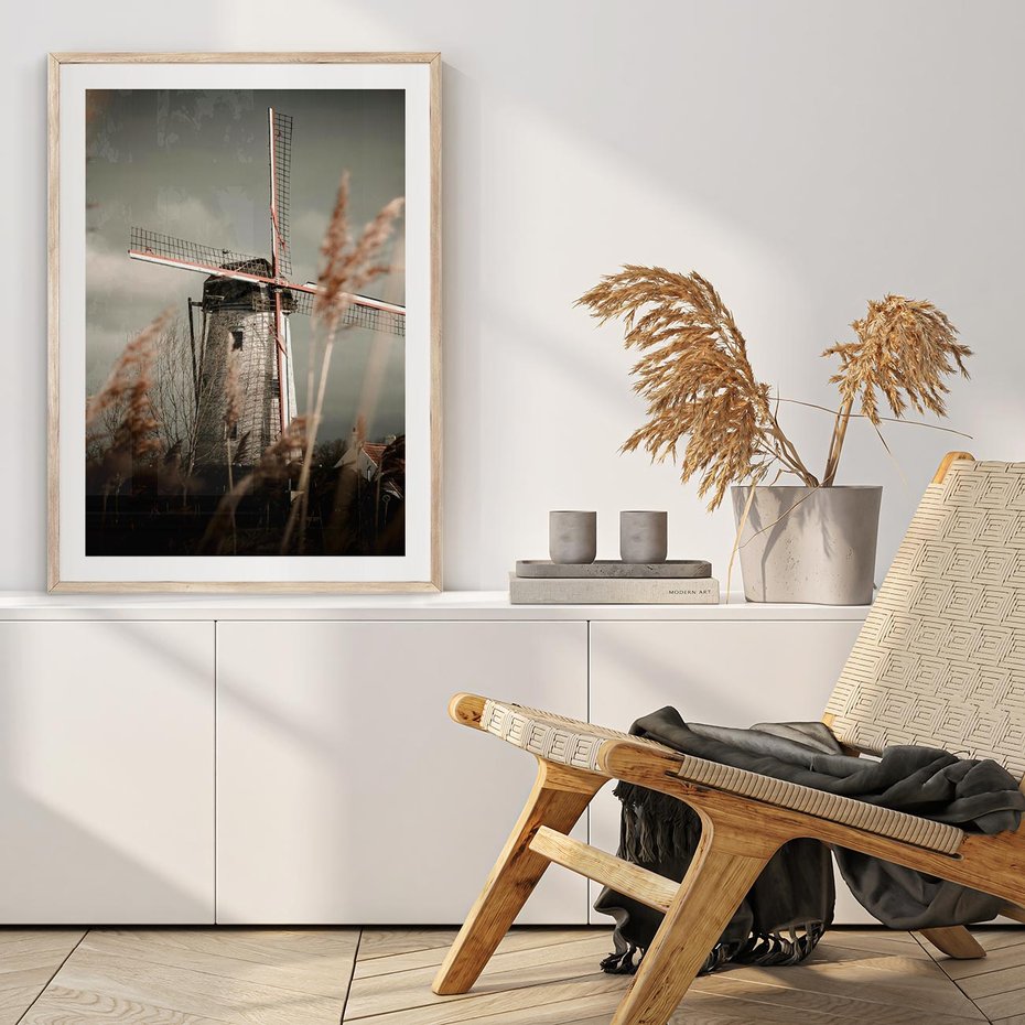 Plakat w ramie 30x40 - Wiejska Idylla: Młyn w Polu - wiatrak, młyn w polu - rama drewno