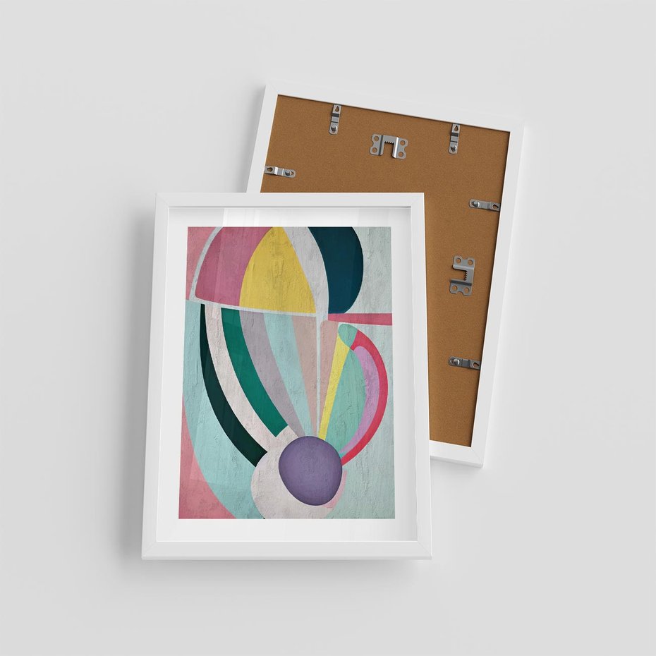 Plakat w ramie 30x40 - Podróżne Echa Przestrzeni - abstrakcyjne dziwne kształty, olejny obraz - rama biała