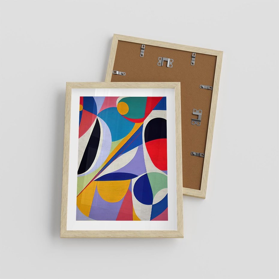 Plakat w ramie 30x40 - Kolorowe Przesunięcia Kształtów - abstrakcyjny obraz olejny, żywe kolory - rama drewno