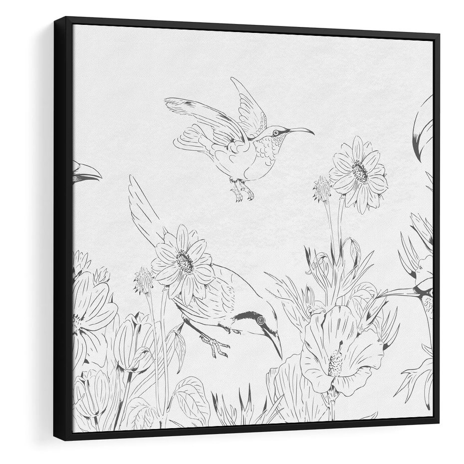 Obraz w ramie 50x50 - Tropiki w Monochromie - czarno biały szkic, tropikalne ptaki - rama czarna