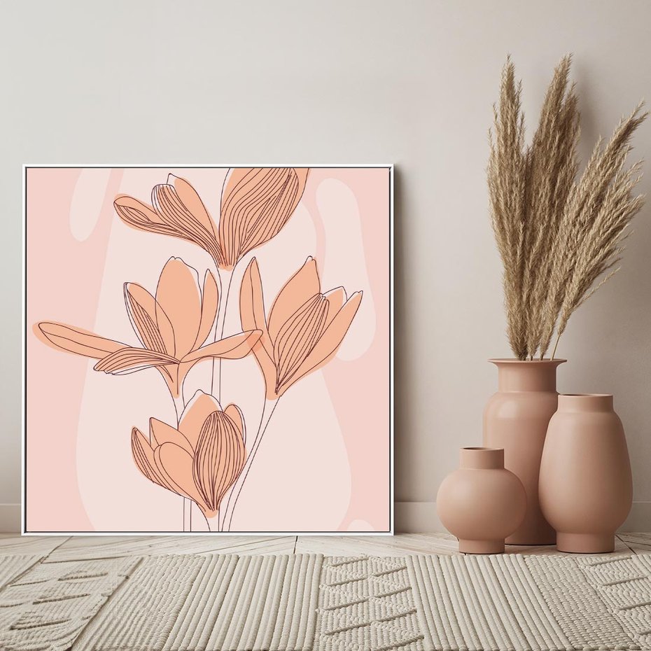 Obraz w ramie 80x80 - Przenikające Kształty - minimalistyczny plakat, pudrowe kwiaty - rama biała