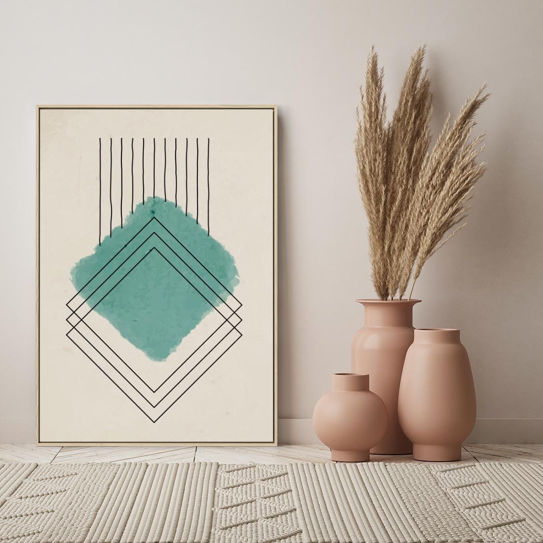 Obraz w ramie 80x120 - Impresje Przestrzeni - akwarelowa plama, geometryczne szkicowane kształty - rama drewno