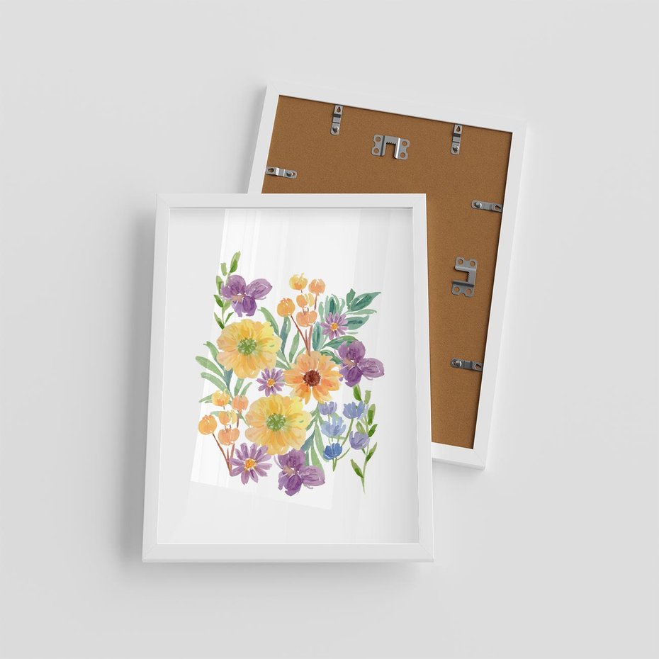 Plakat w ramie 30x40 - Kwiatowe Wibracje - akwarelowe polne kwiaty, minimalistyczny plakat - rama biała