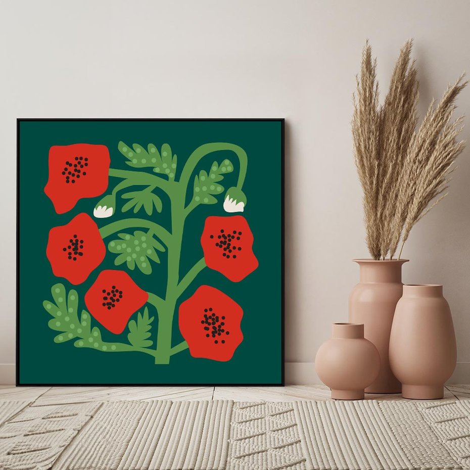 Obraz w ramie 50x50 - Księga Odbić - abstrakcyjna kwiatowa kompozycja, zielone mocne tło - rama czarna