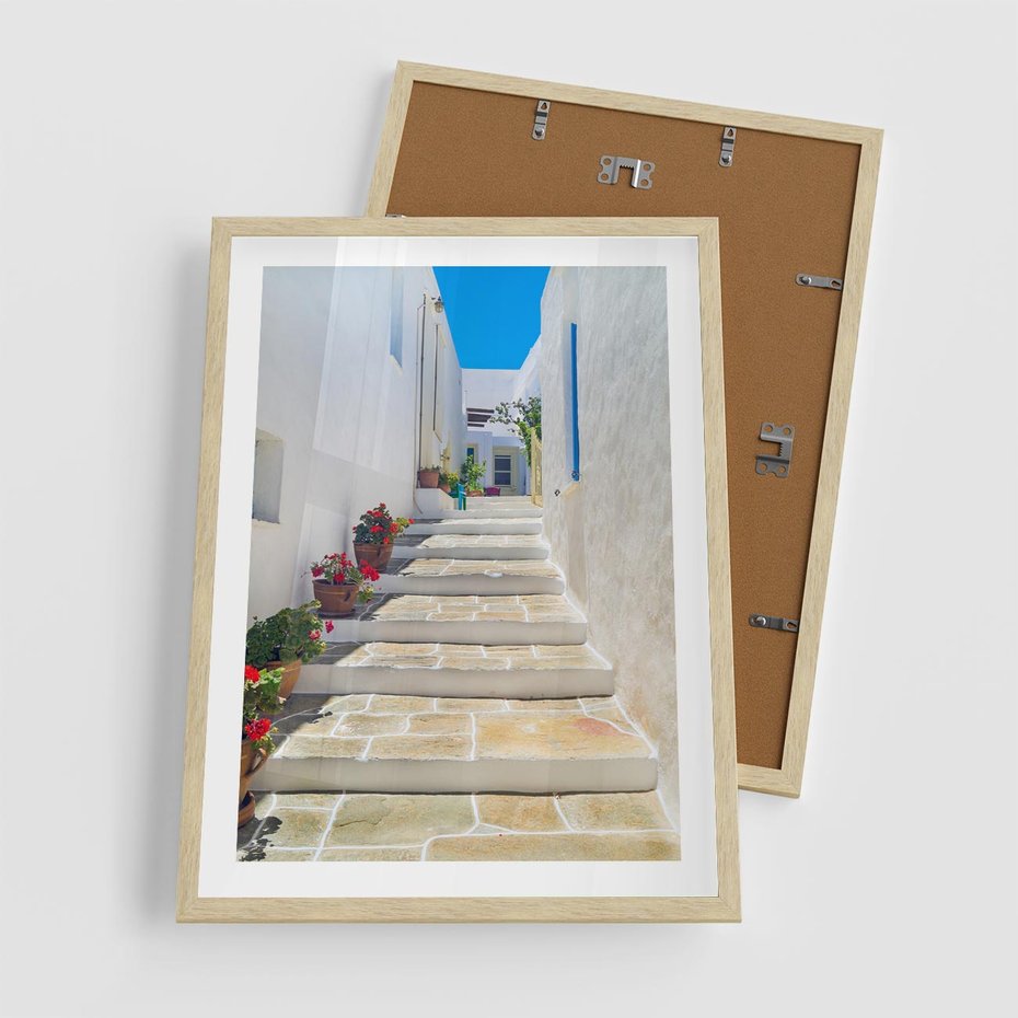 Plakat w ramie 50x70 - Urok Greckiej Uliczki - grecka, uliczka - rama drewno