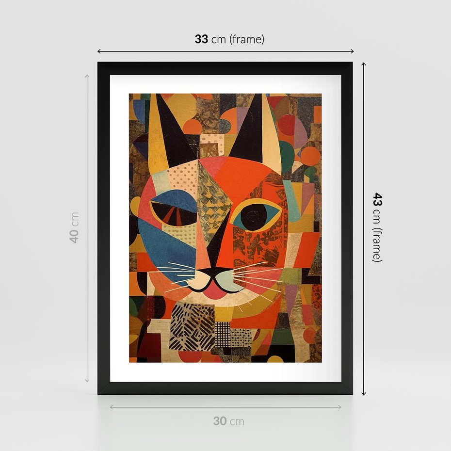 Plakat w ramie 30x40 - Impresje Nieznanych Odniesień - abstrakcyjny obraz olejny, kot - rama czarna