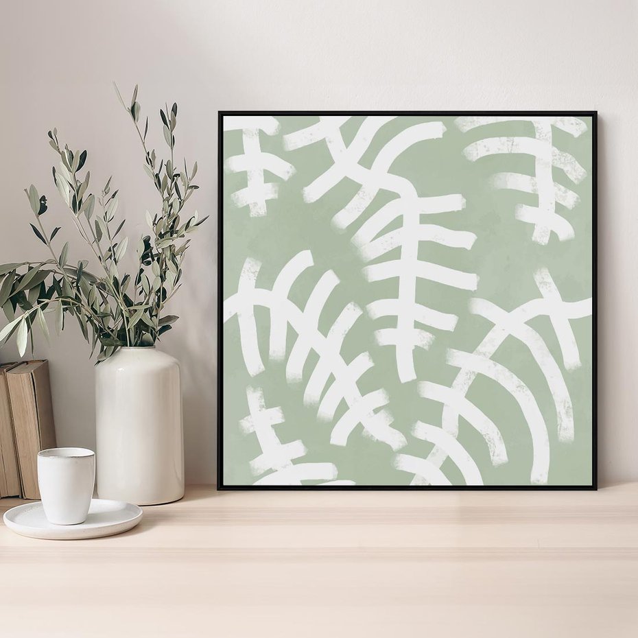 Obraz w ramie 50x50 - Oaza Zieleni - zielona abstrakcja, zgaszona zieleń - rama czarna