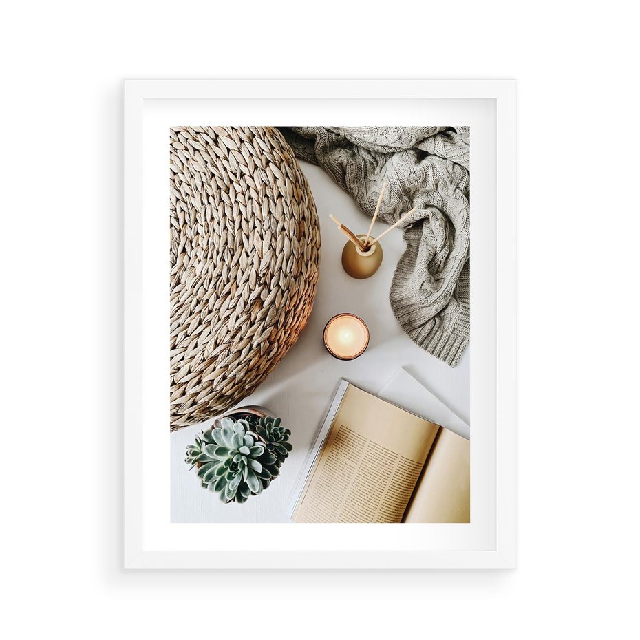 Plakat w ramie 40x50 - Przytulna Kompozycja Lifestyle - kompozycja lifestyle, wiklina - rama biała